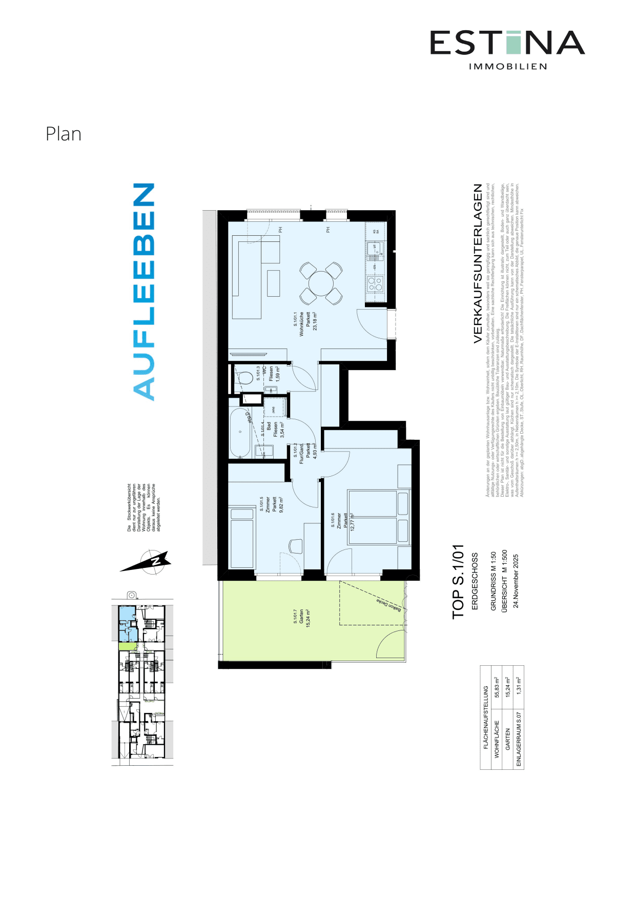 Grundriss Top S.1/01.3 — Aufleeben — 3 Zimmer — 55,8 m² — Ground floor — Garten — Grundriss 1/2