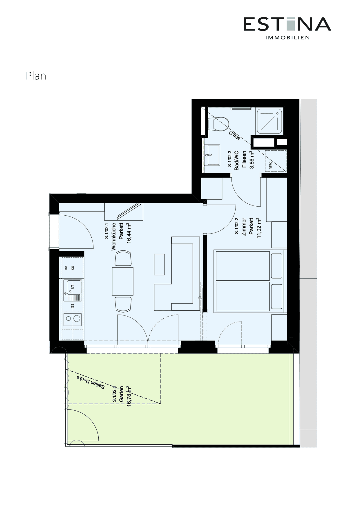 Grundriss Top S.1/02.1 — Aufleeben — 2 Zimmer — 31,3 m² — Ground floor — Garten — Grundriss 2/2