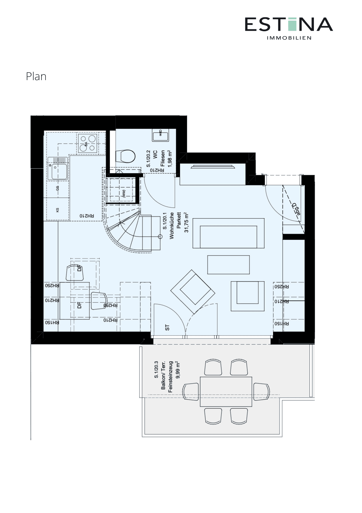 Grundriss Top S.1/20 — Aufleeben — 2 Zimmer — 52,1 m² — 2nd attic floor — Terrasse — Grundriss 3/4