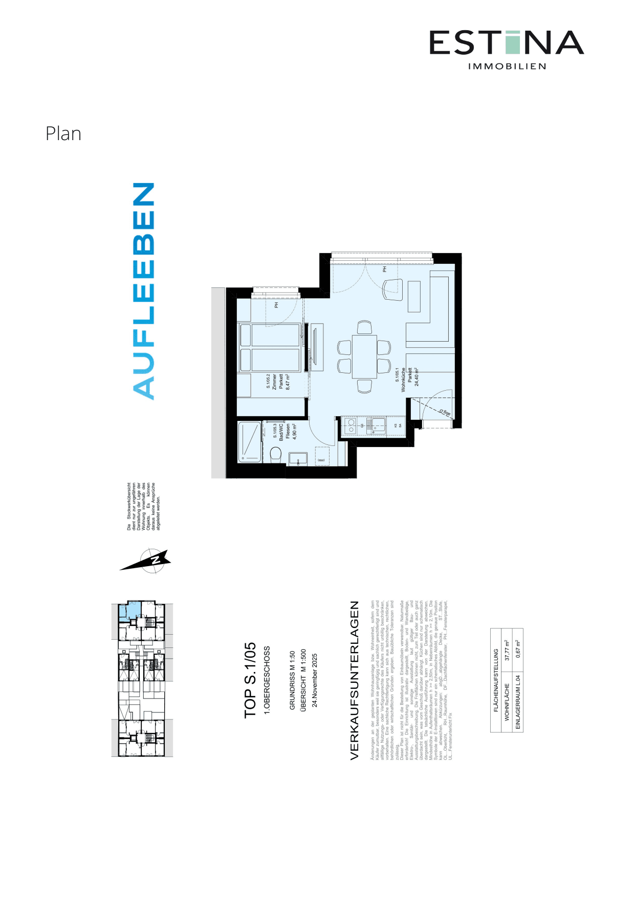 Grundriss Top S.1/05 — Aufleeben — 2 Zimmer — 37,8 m² — 1st floor — Grundriss 1/2