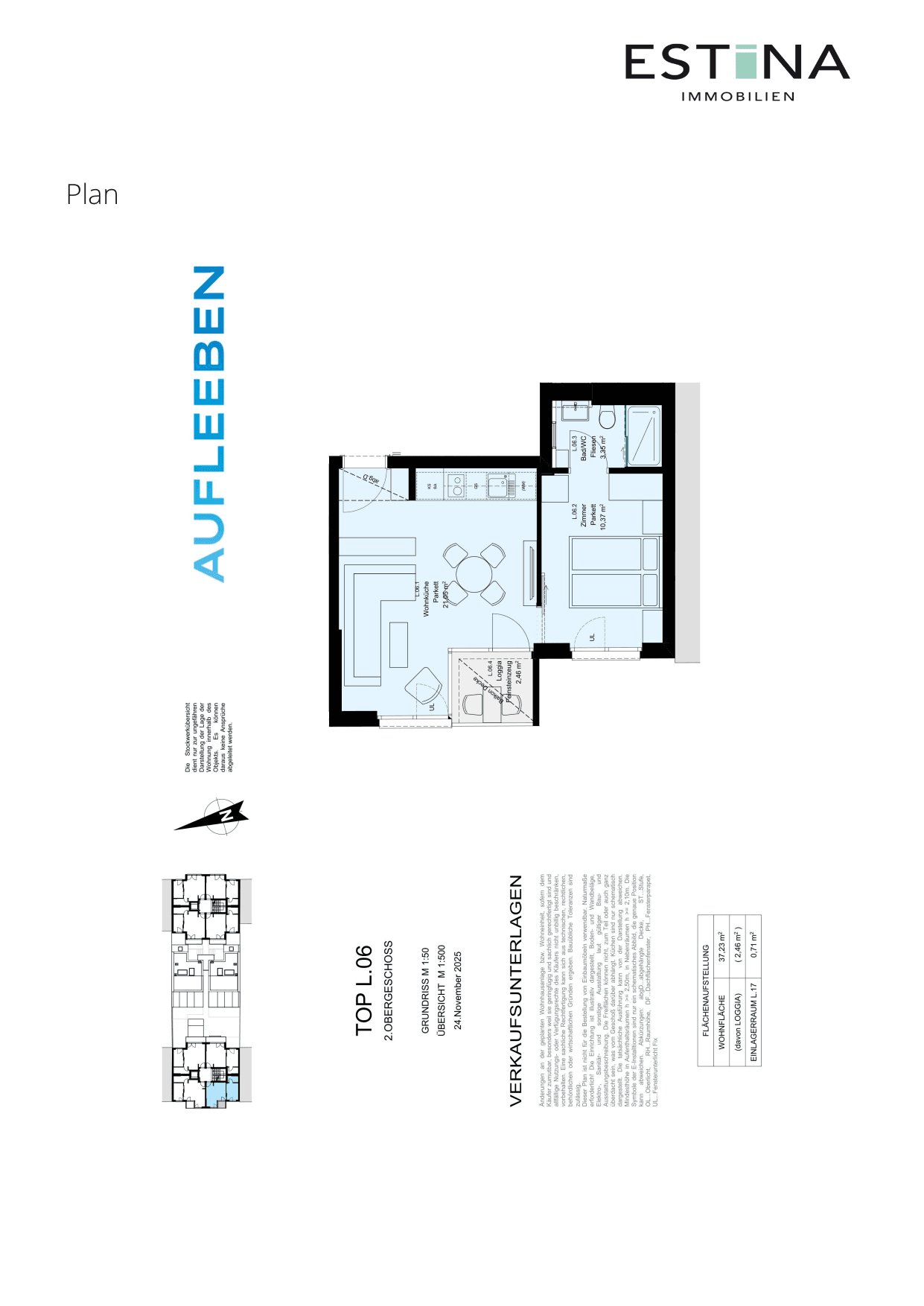 Grundriss Top L.06 — Aufleeben — 2 Zimmer — 34,8 m² — 2nd floor — Loggia — Grundriss 1/2
