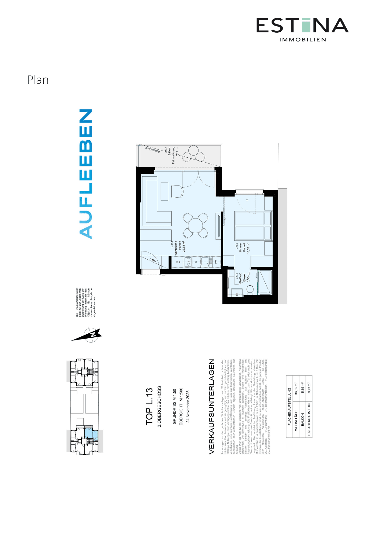 Grundriss Top L.13.1 — Aufleeben — 2 Zimmer — 36,5 m² — 4th floor — Balkon — Grundriss 1/2