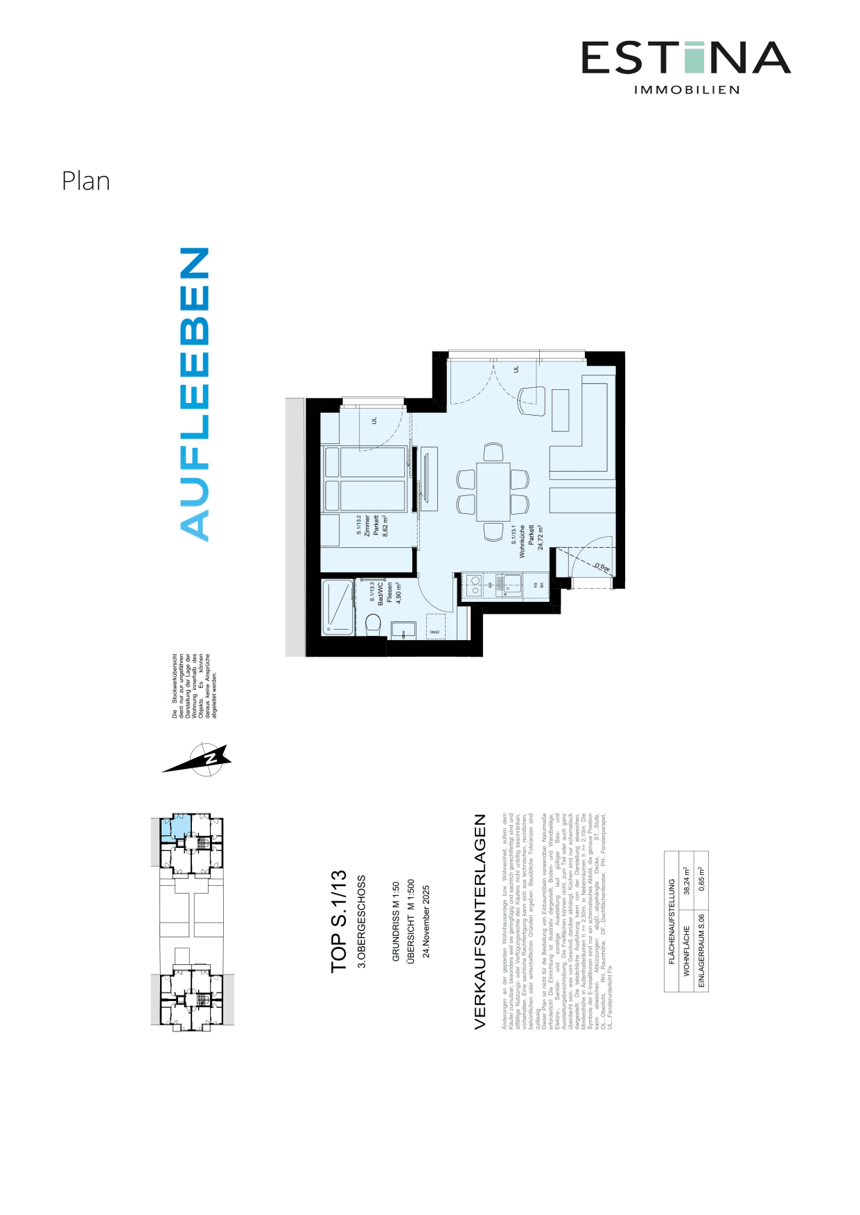 Grundriss Top S.1/13m — Aufleeben — 2 Zimmer — 38,2 m² — 3rd floor — Grundriss 1/2