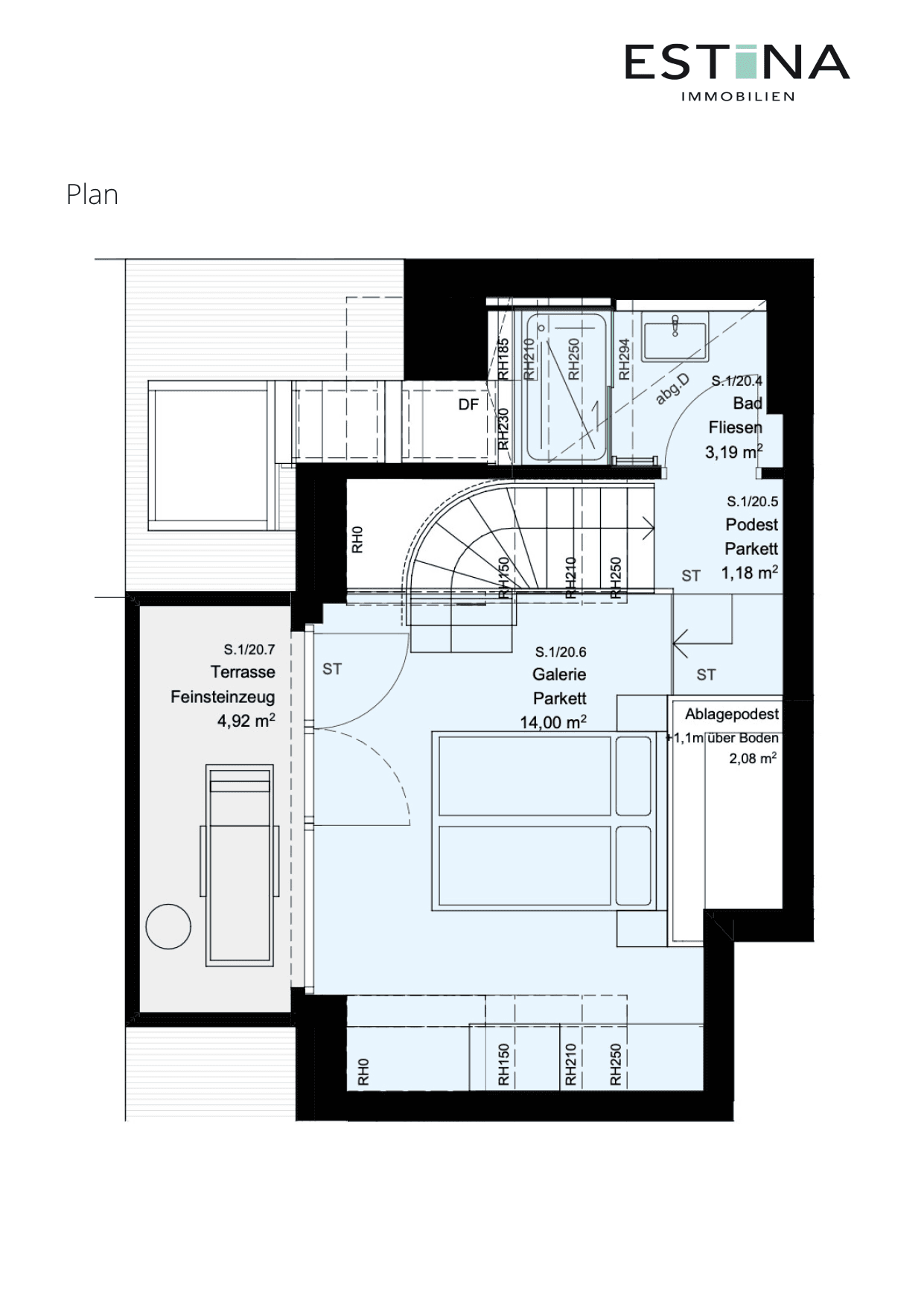 Grundriss Top S.1/20 — Aufleeben — 2 Zimmer — 52,1 m² — 2nd attic floor — Terrasse — Grundriss 4/4