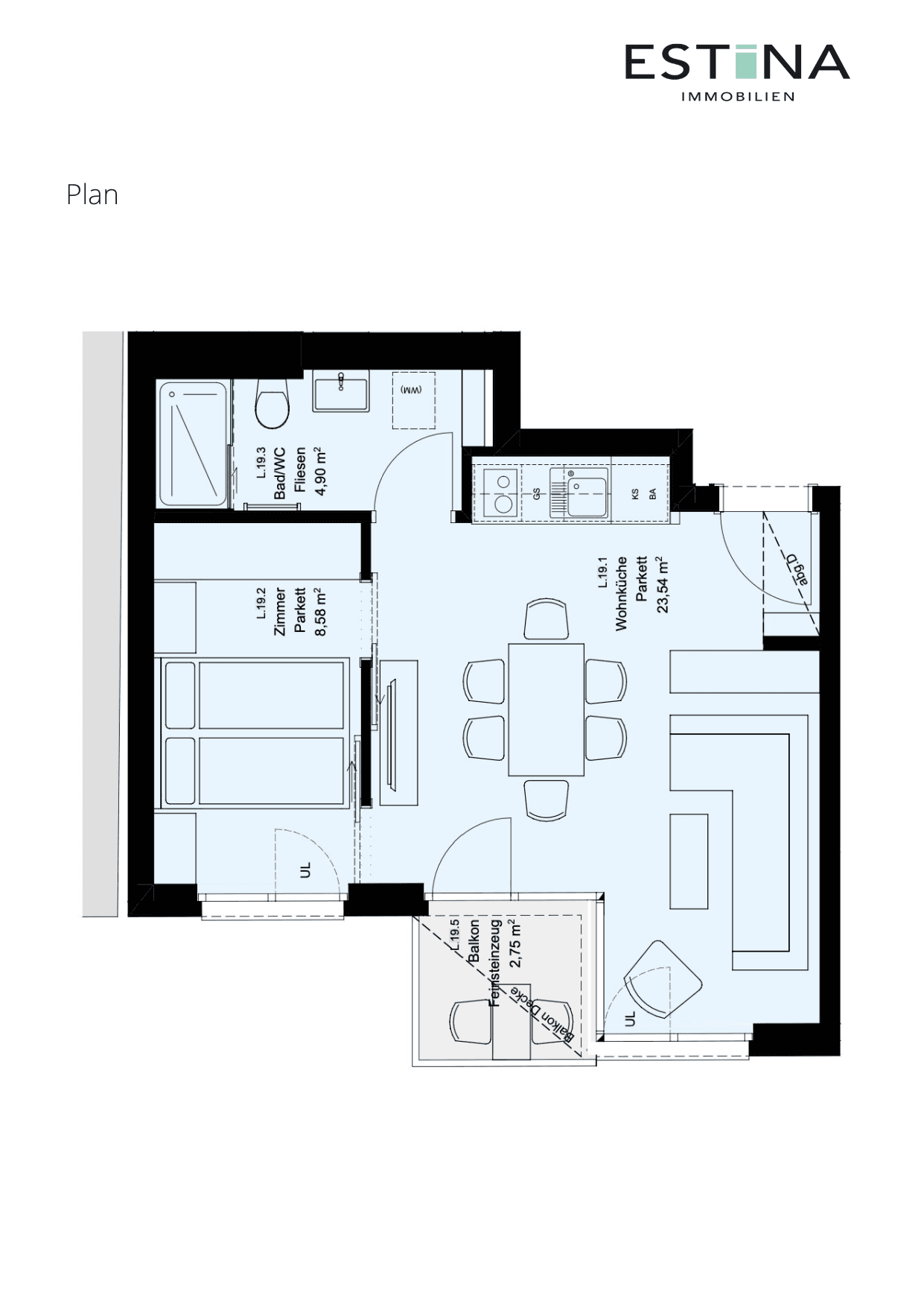 Grundriss Top L.19.1 — Aufleeben — 2 Zimmer — 37 m² — 5th floor — Balkon