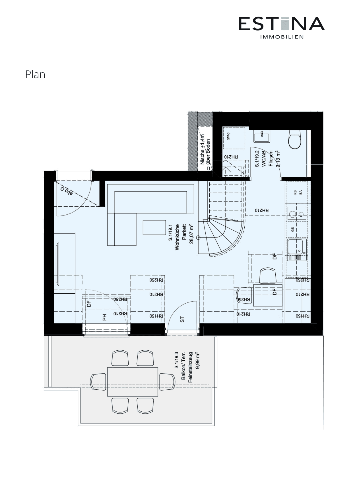 Grundriss Top S.1/19 — Aufleeben — 2 Zimmer — 52,2 m² — 1st attic floor — Terrasse — Grundriss 2/3