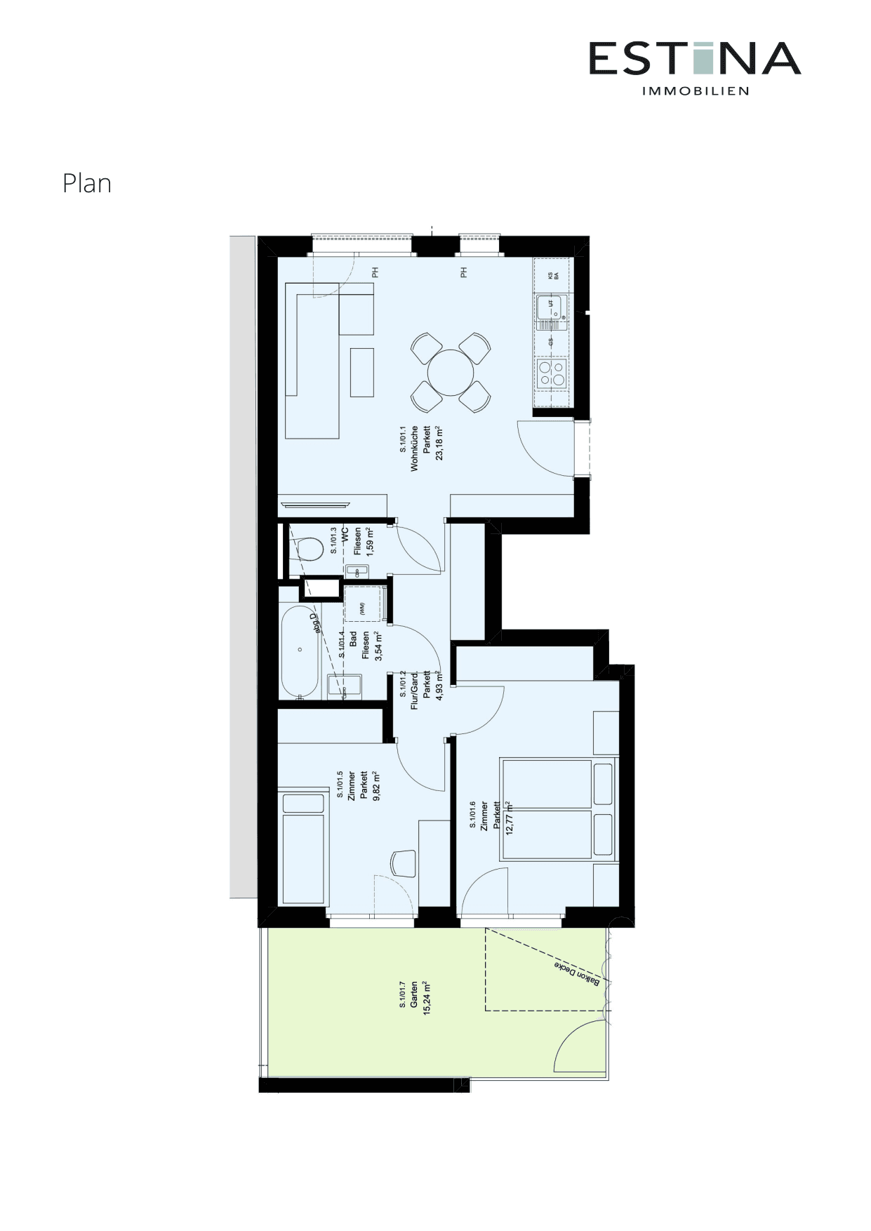 Grundriss Top S.1/01.3 — Aufleeben — 3 Zimmer — 55,8 m² — Ground floor — Garten — Grundriss 2/2