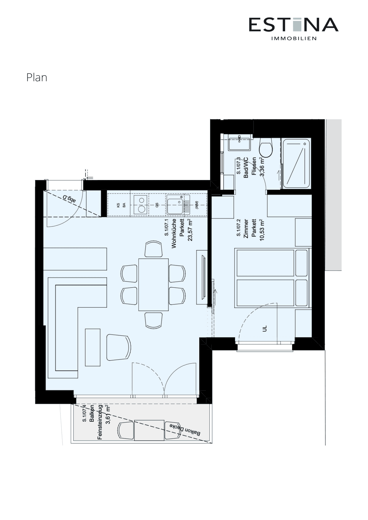 Grundriss Top S.1/07 — Aufleeben — 2 Zimmer — 37,5 m² — 2nd floor — Balkon — Grundriss 2/2