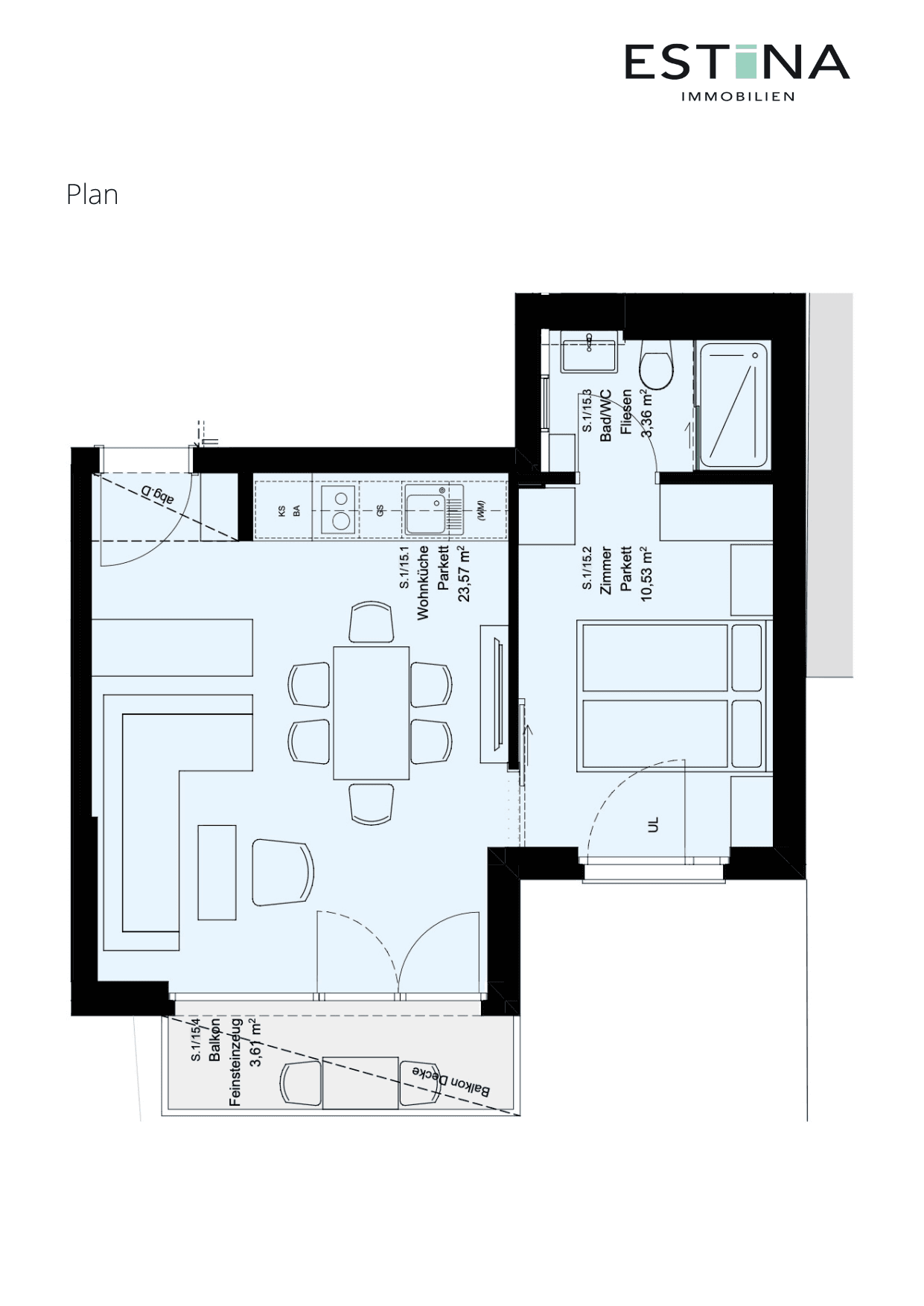 Grundriss Top S.1/15 — Aufleeben — 2 Zimmer — 37,5 m² — 4th floor — Balkon