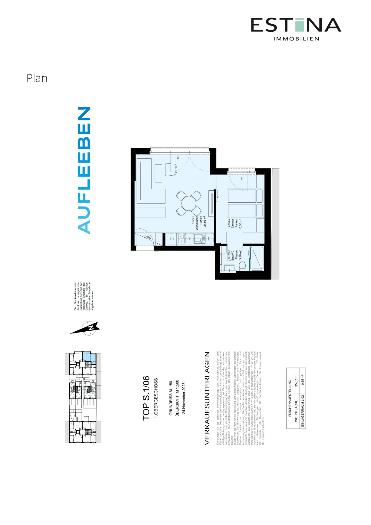Grundriss Top S.1/06 — Aufleeben — 2 Zimmer — 35,7 m² — 1st floor — Grundriss 1/2