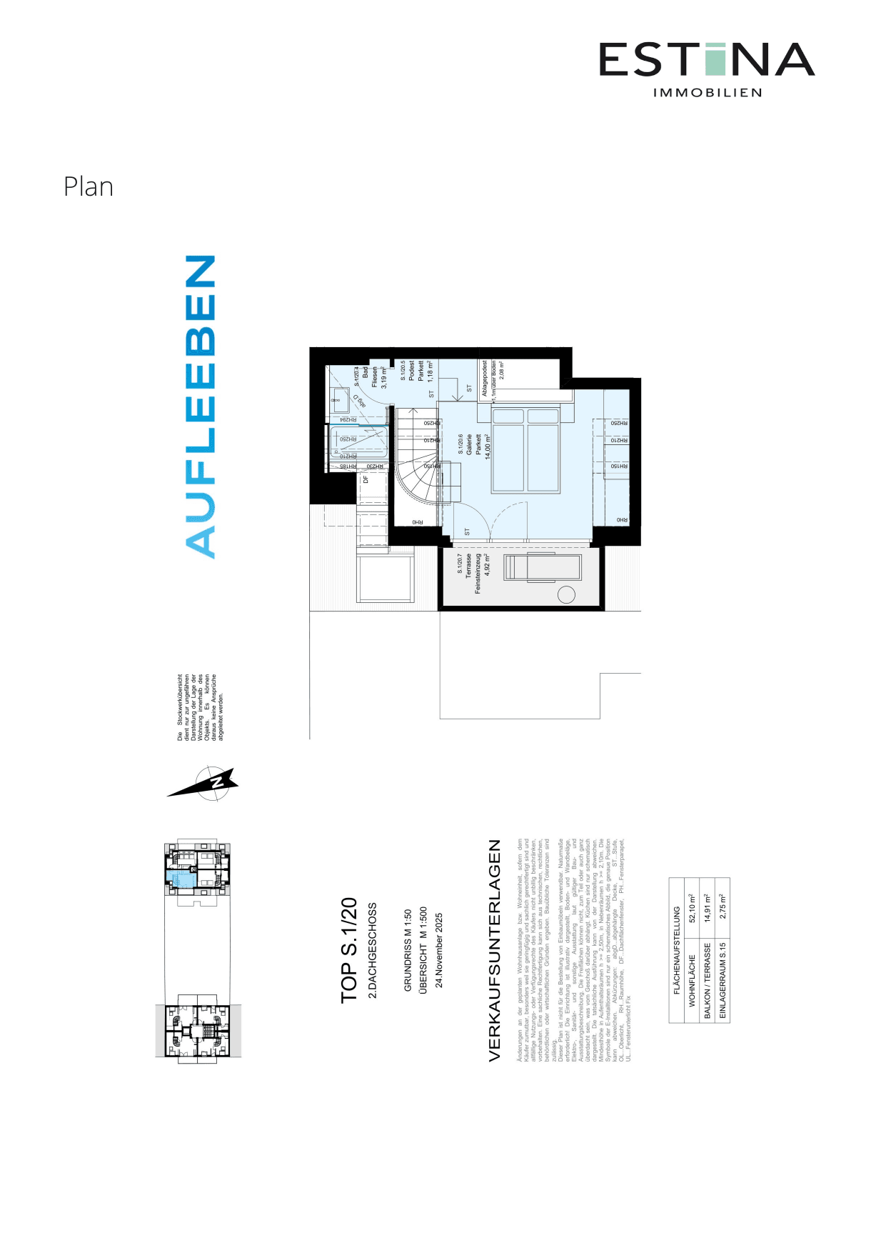 Grundriss Top S.1/20 — Aufleeben — 2 Zimmer — 52,1 m² — 2nd attic floor — Terrasse — Grundriss 2/4