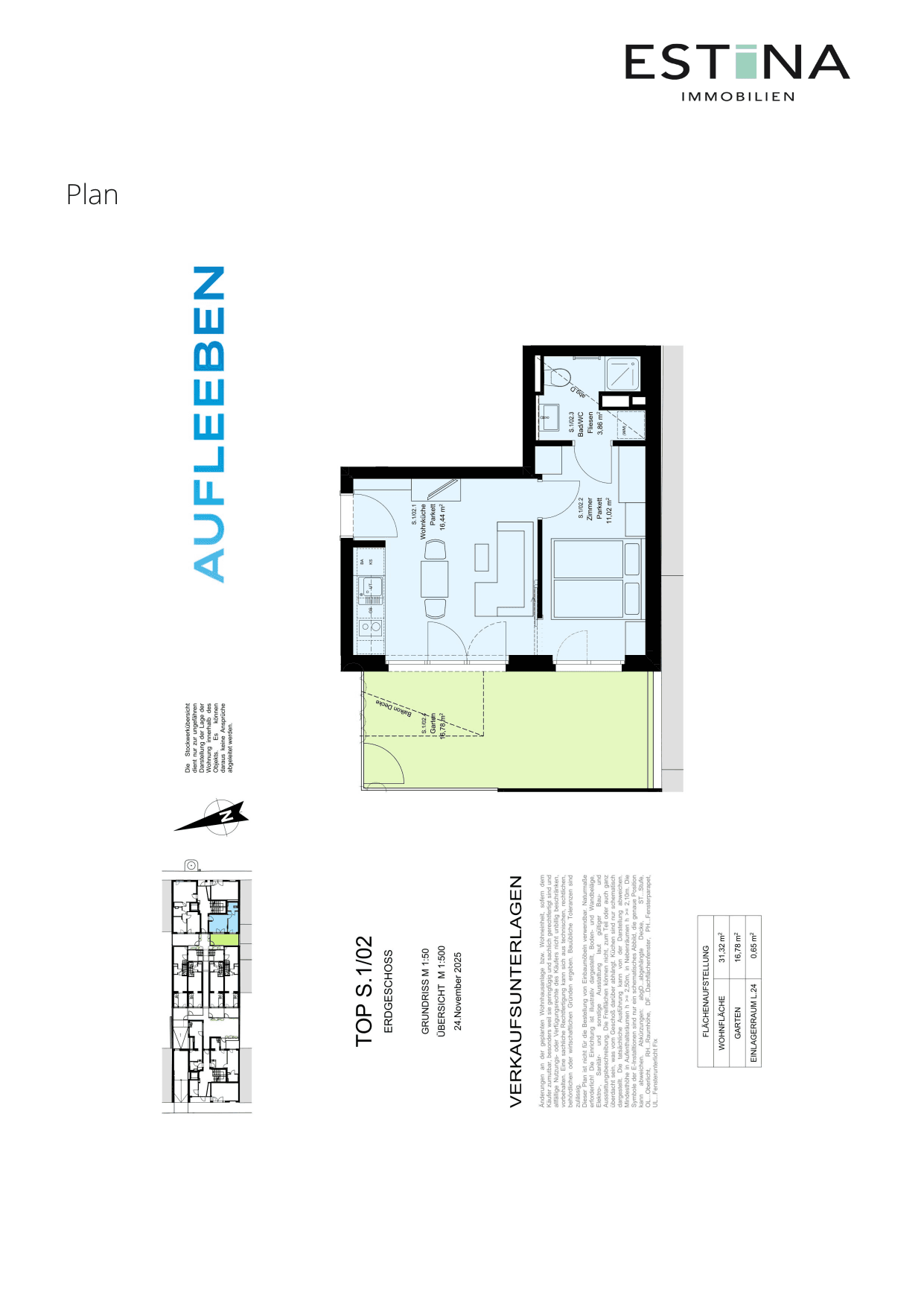 Grundriss Top S.1/02.1 — Aufleeben — 2 Zimmer — 31,3 m² — Ground floor — Garten — Grundriss 1/2