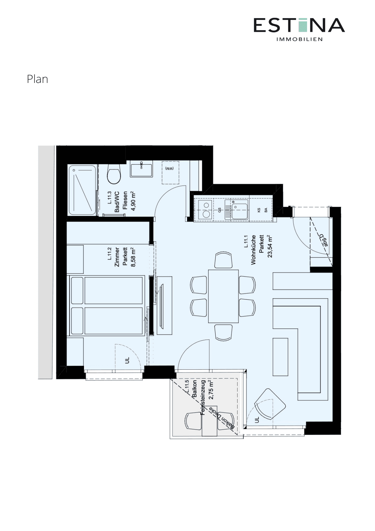 Grundriss Top L.11.3 — Aufleeben — 2 Zimmer — 37,1 m² — 3rd floor — Balkon