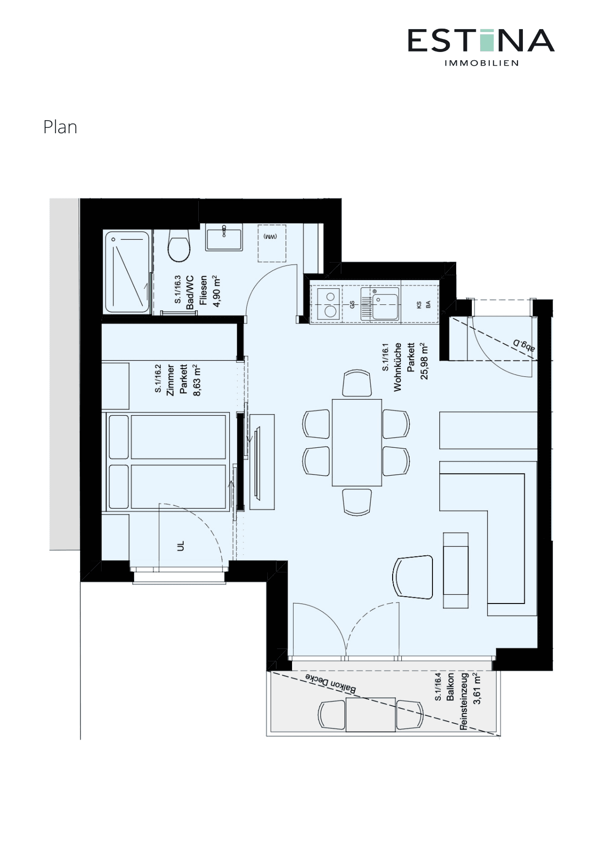 Grundriss Top S.1/16 — Aufleeben — 2 Zimmer — 39,5 m² — 4th floor — Balkon