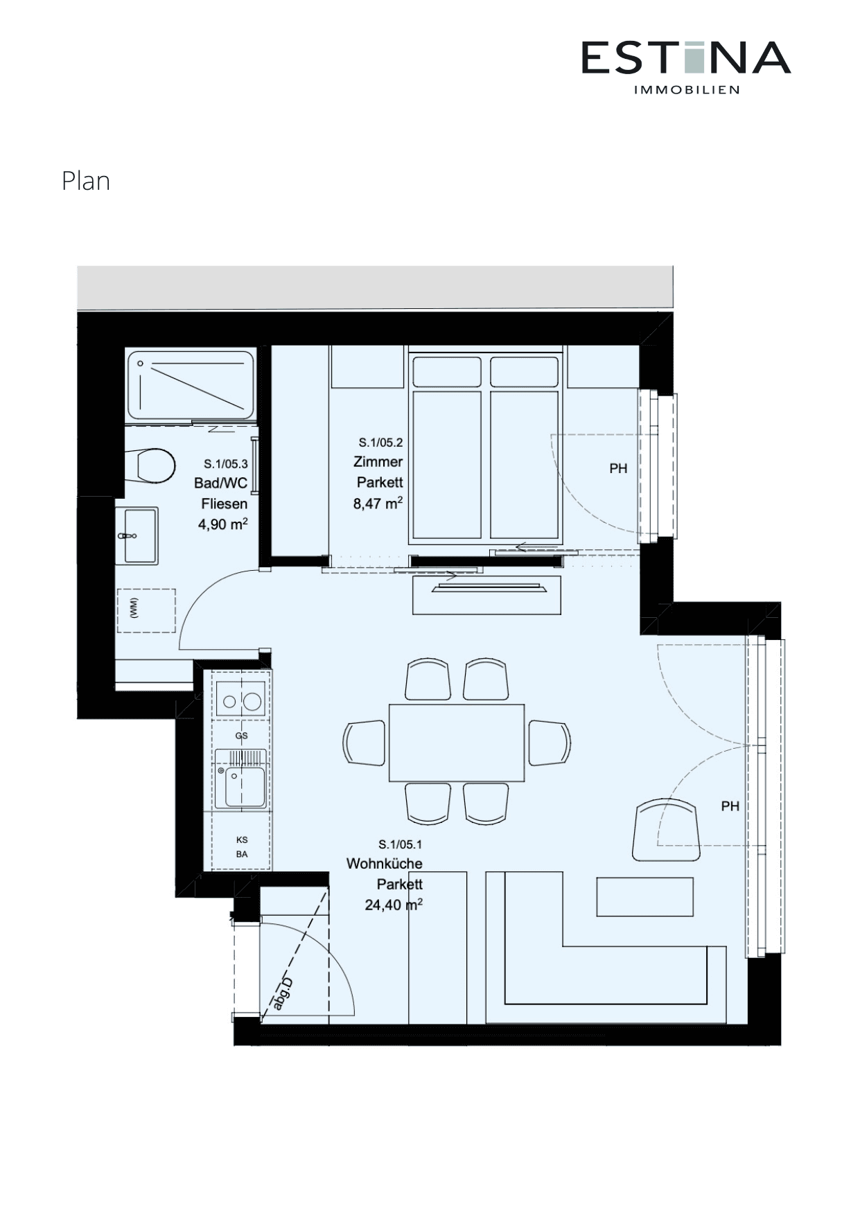 Grundriss Top S.1/05 — Aufleeben — 2 Zimmer — 37,8 m² — 1st floor — Grundriss 2/2
