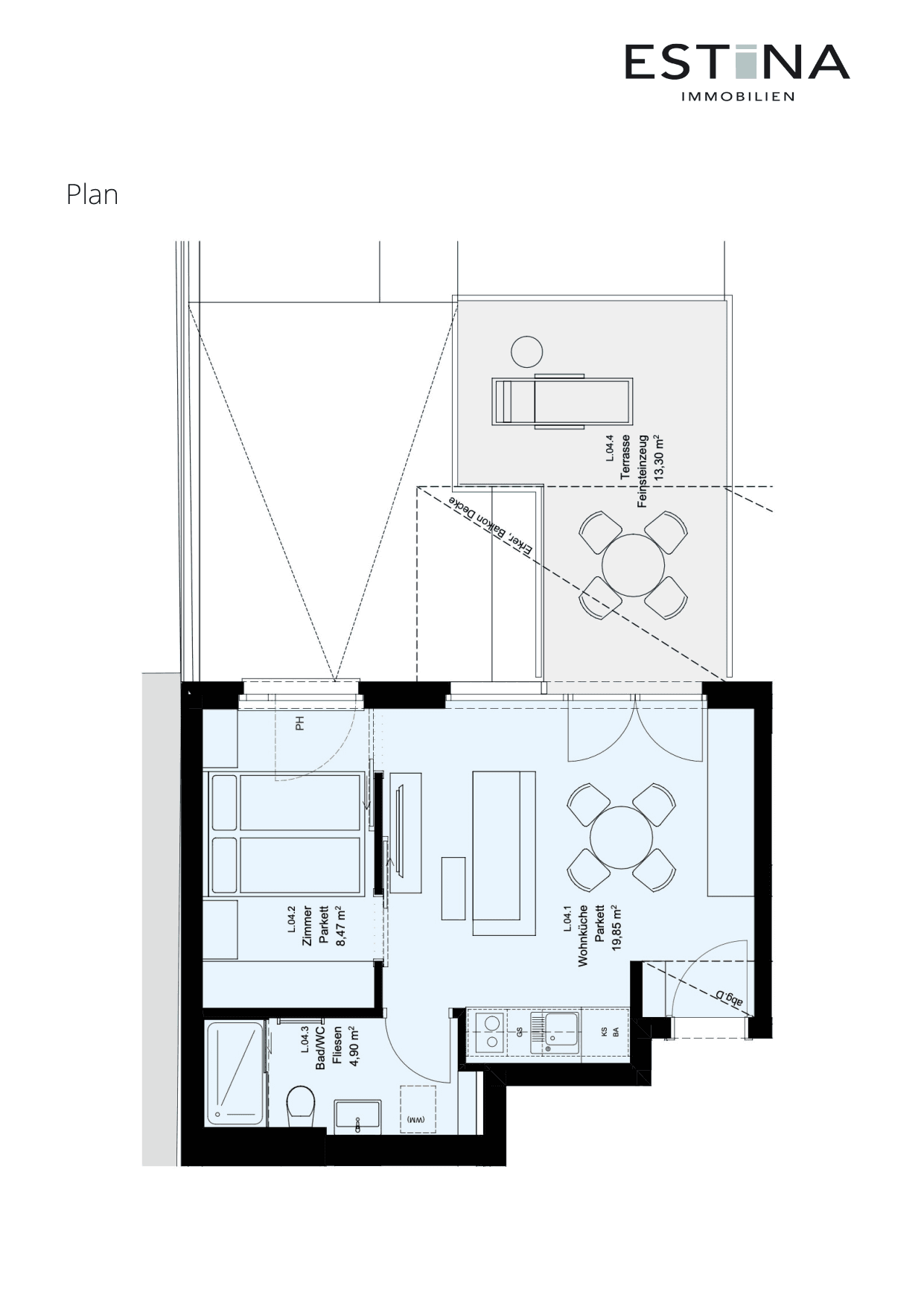 Grundriss Top L.04 — Aufleeben — 2 Zimmer — 33,2 m² — 1st floor — Terrasse — Grundriss 2/2