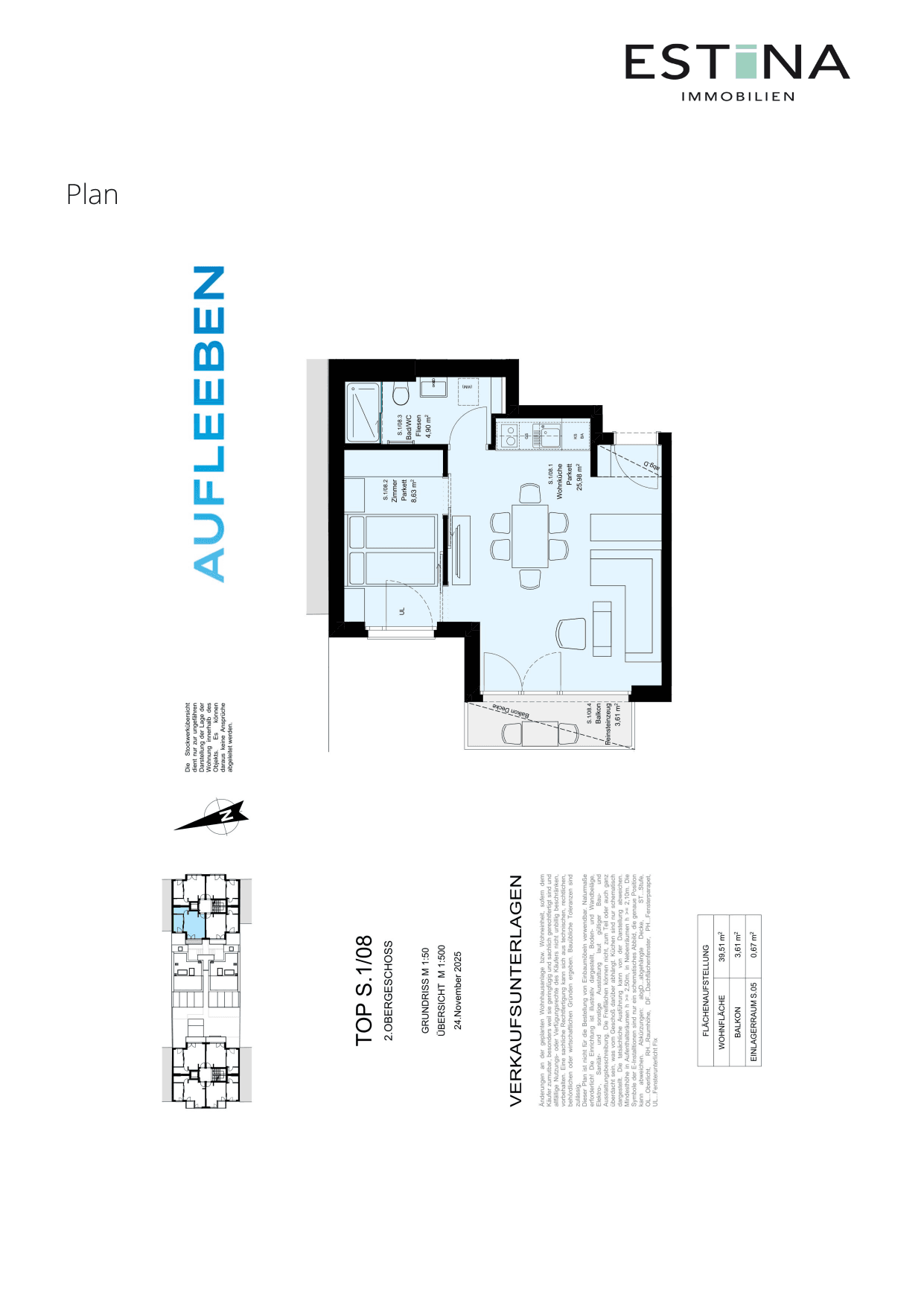 Grundriss Top S.1/08 — Aufleeben — 2 Zimmer — 39,5 m² — 2nd floor — Balkon — Grundriss 1/2