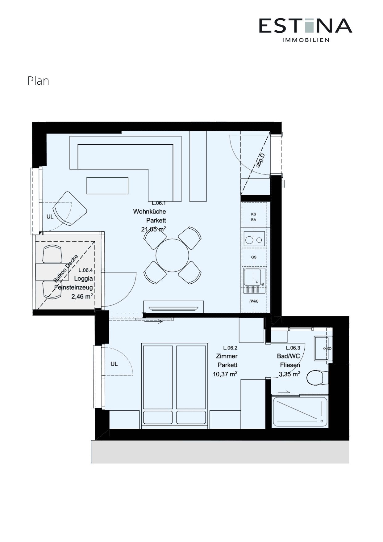 Grundriss Top L.06 — Aufleeben — 2 Zimmer — 34,8 m² — 2nd floor — Loggia — Grundriss 2/2