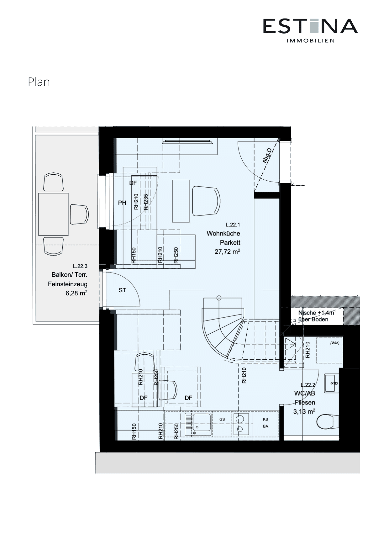 Grundriss Top L.22.1 — Aufleeben — 2 Zimmer — 50,6 m² — 2nd attic floor — Terrasse — Grundriss 3/4
