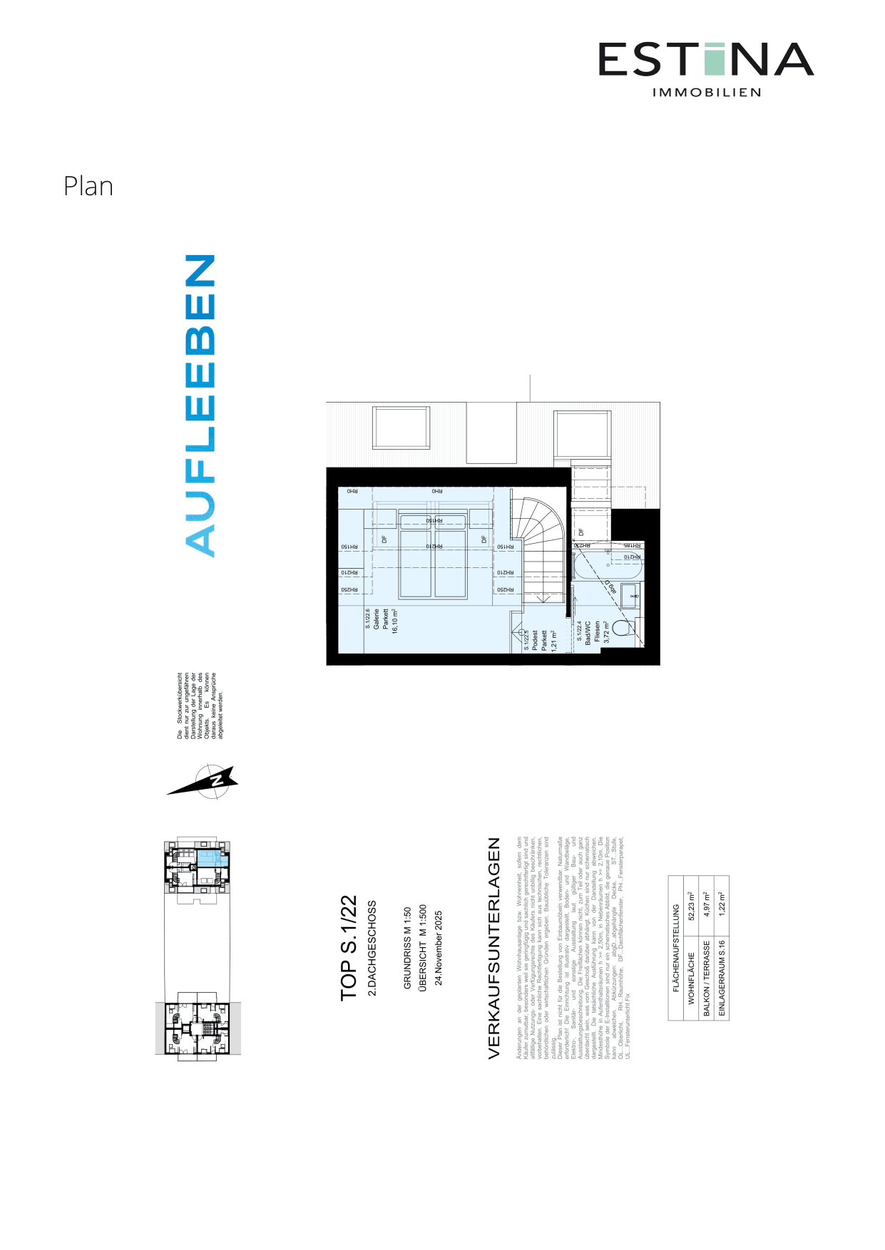 Grundriss Top S.1/22.4 — Aufleeben — 2 Zimmer — 52,3 m² — 1st attic floor — Terrasse — Grundriss 2/4