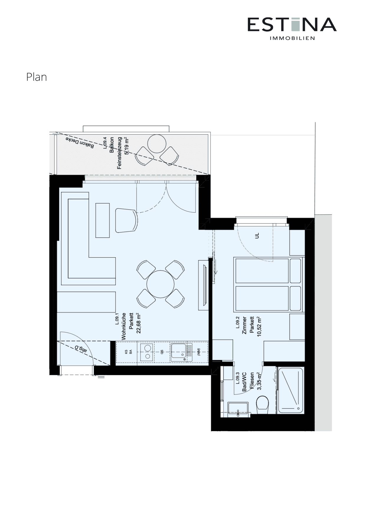 Grundriss Top L.09m — Aufleeben — 2 Zimmer — 36,6 m² — 3rd floor — Balkon