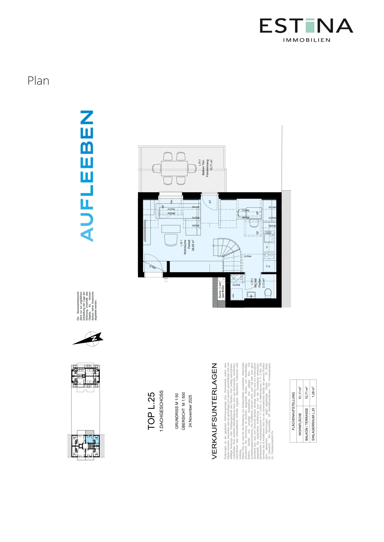 Grundriss Top L.25.1 — Aufleeben — 2 Zimmer — 51,1 m² — 2nd attic floor — Terrasse — Grundriss 1/3
