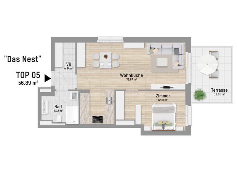 Grundriss Top 5 — Panethgasse 39 — 1 Zimmer — 56,8 m² — 1st floor — Grundriss 2/2