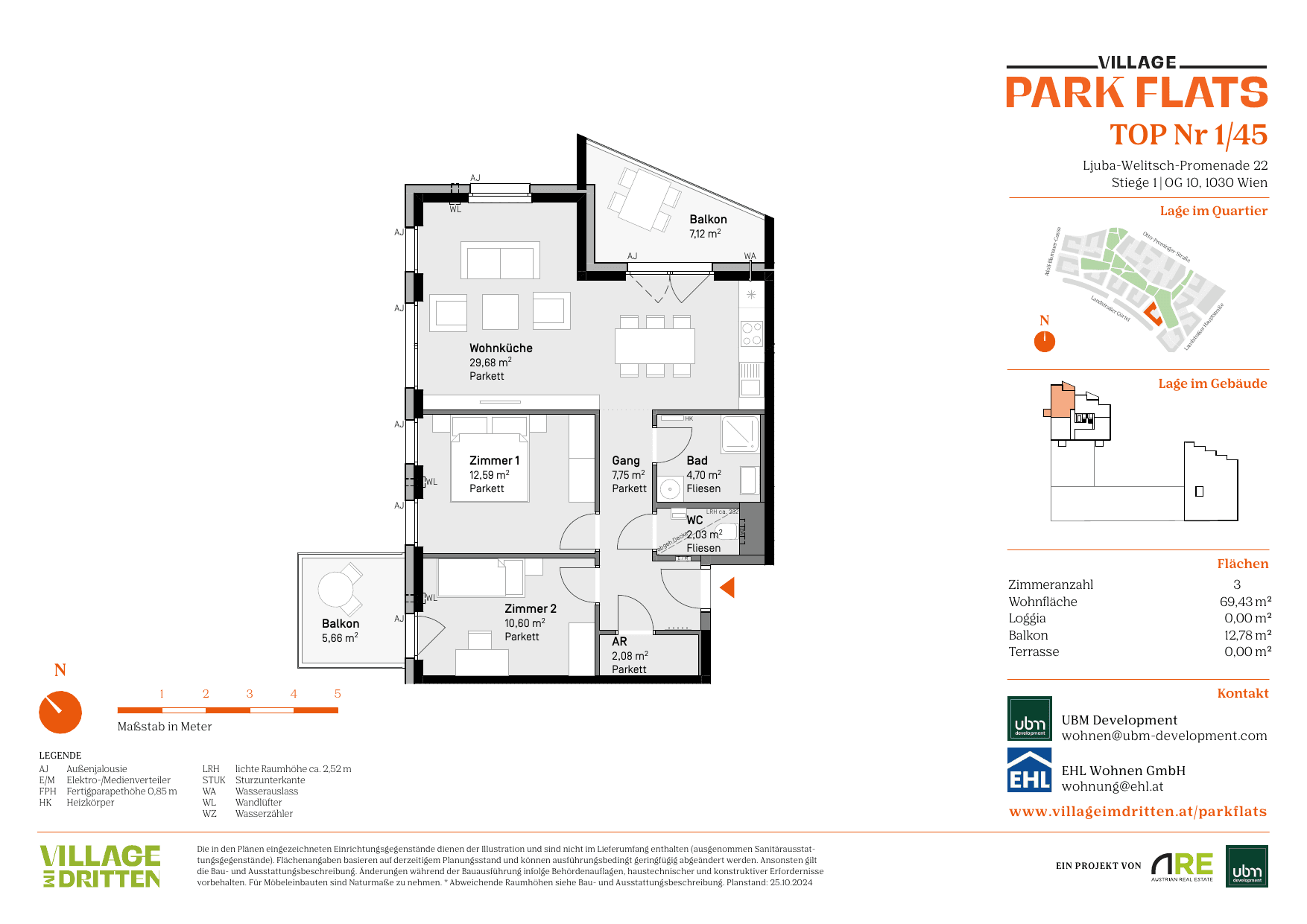 Grundriss Top 1/45 — Park Flats — 3 Zimmer — 69,4 m² — 10th floor
