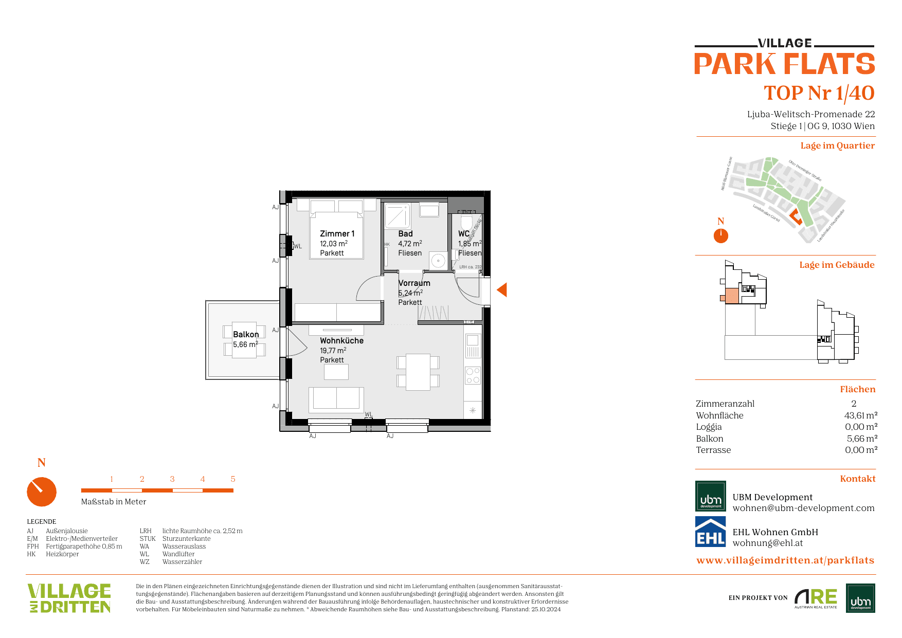 Grundriss Top 1/40 — Park Flats — 2 Zimmer — 43,6 m² — 9th floor