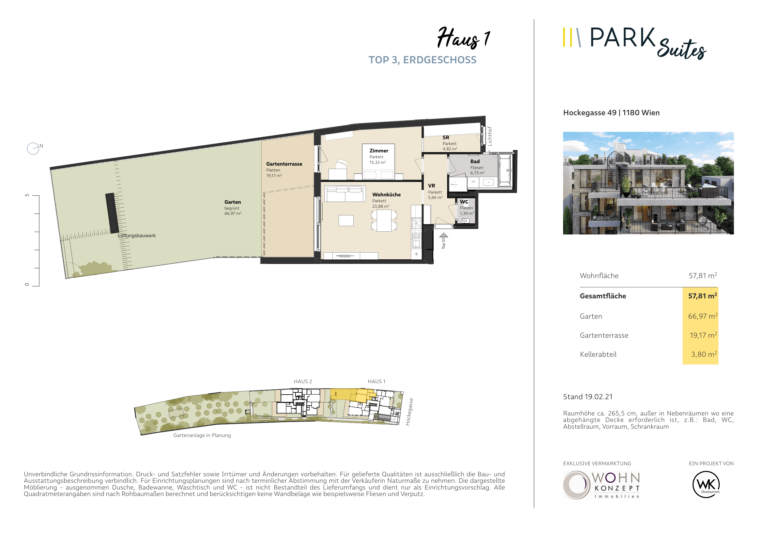 Grundriss Top 01/03 — Park Suites — 2 Zimmer — 57,8 m² — Ground floor — Garten