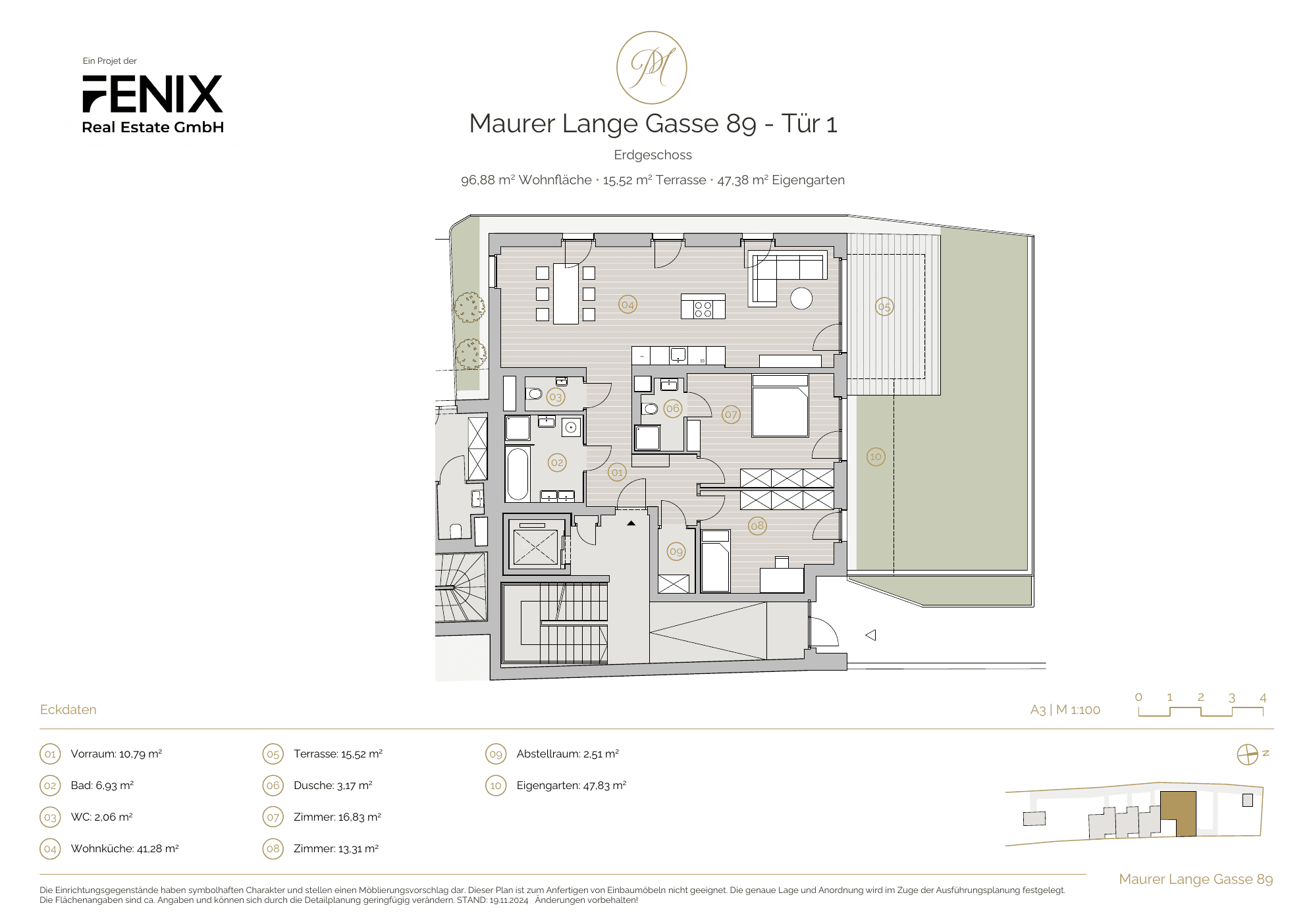 Grundriss Top 1 — Parkgarten Mauer — 3 Zimmer — 96,8 m² — Ground floor — Garten, Innenhof