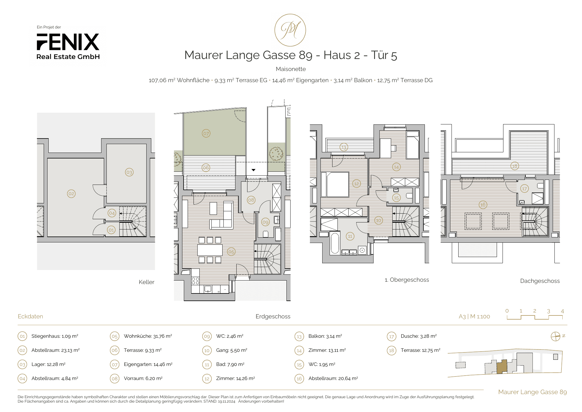 Grundriss Top 5 — Parkgarten Mauer — 4 Zimmer — 107 m² — Basement / Ground floor / 1st floor / Attic floor — Garten
