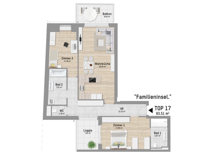 Grundriss Top 17 — Pastorstraße 19A — 3 Zimmer — 93,5 m² — 2nd floor — Grundriss 1/2