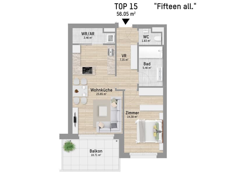 Grundriss Top 15 — Pastorstraße 19A — 2 Zimmer — 55,8 m² — 1st floor — Grundriss 1/2