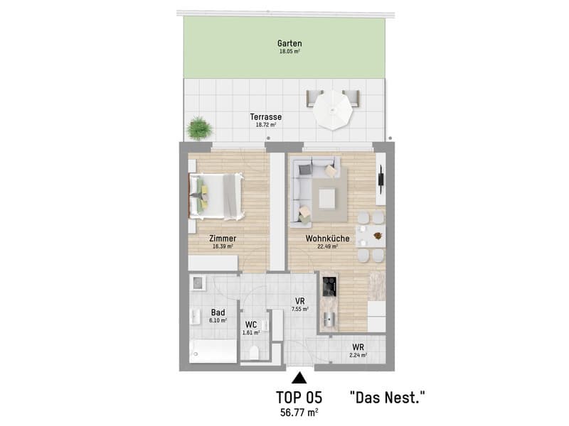 Grundriss Top 5 — Pastorstraße 19A — 2 Zimmer — 56,8 m² — Ground floor — Grundriss 1/2