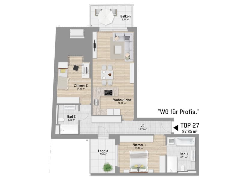 Grundriss Top 27 — Pastorstraße 19A — 3 Zimmer — 87,5 m² — 1st attic floor — Grundriss 1/2