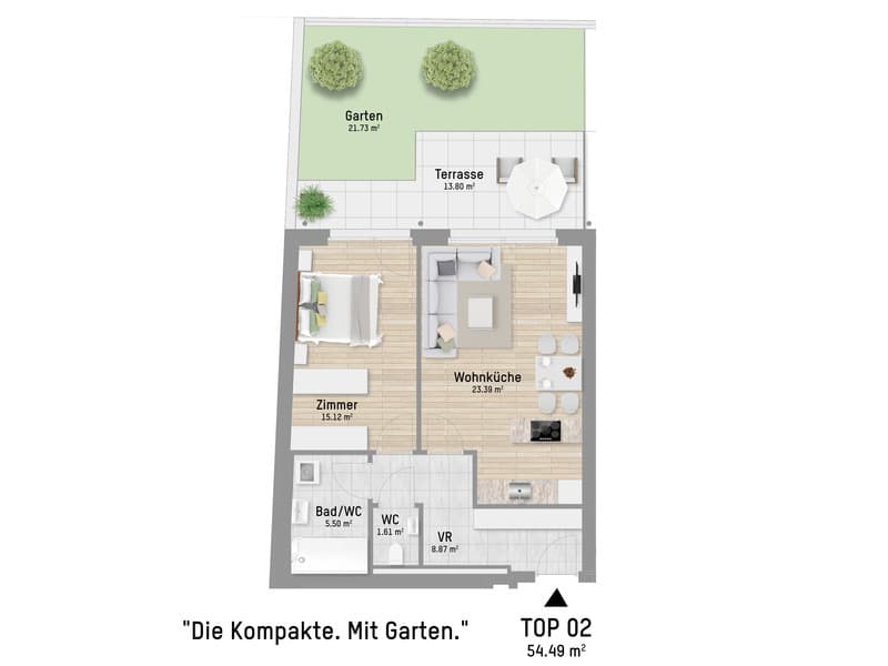 Grundriss Top 2 — Pastorstraße 19A — 2 Zimmer — 54,2 m² — Ground floor — Grundriss 1/2