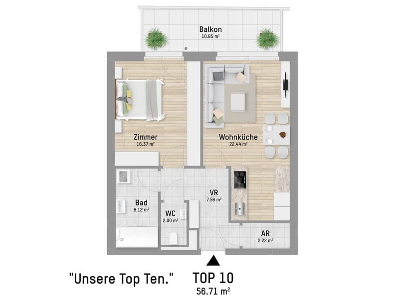 Grundriss Top 10 — Pastorstraße 19A — 2 Zimmer — 56,7 m² — 1st floor — Grundriss 1/2