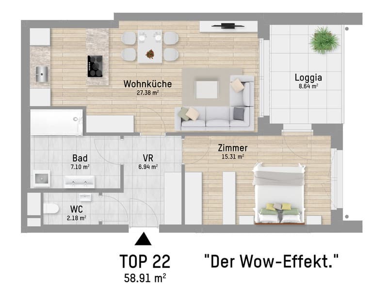 Grundriss Top 22 — Pastorstraße 19A — 2 Zimmer — 58,7 m² — 2nd floor — Grundriss 1/2
