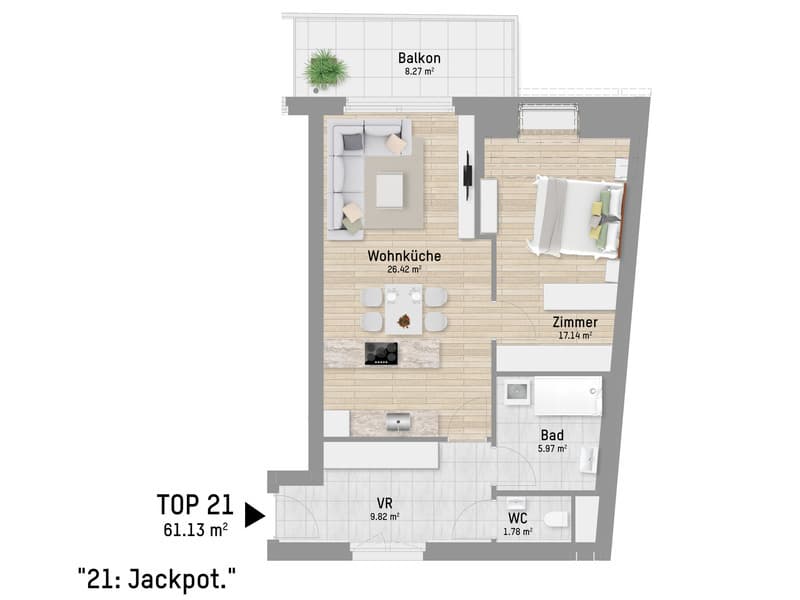 Grundriss Top 21 — Pastorstraße 19A — 2 Zimmer — 61 m² — 2nd floor — Grundriss 1/2