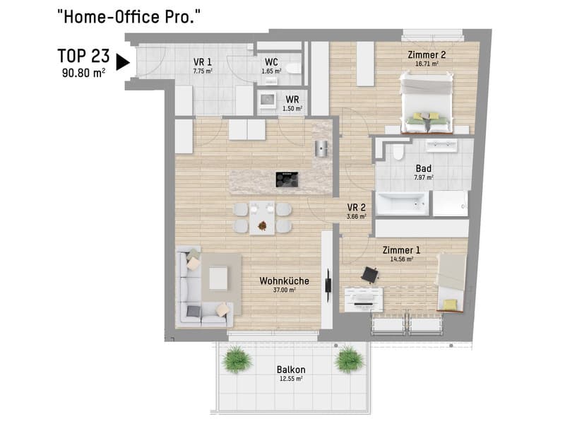 Grundriss Top 23 — Pastorstraße 19A — 3 Zimmer — 90,8 m² — 2nd floor — Grundriss 1/2