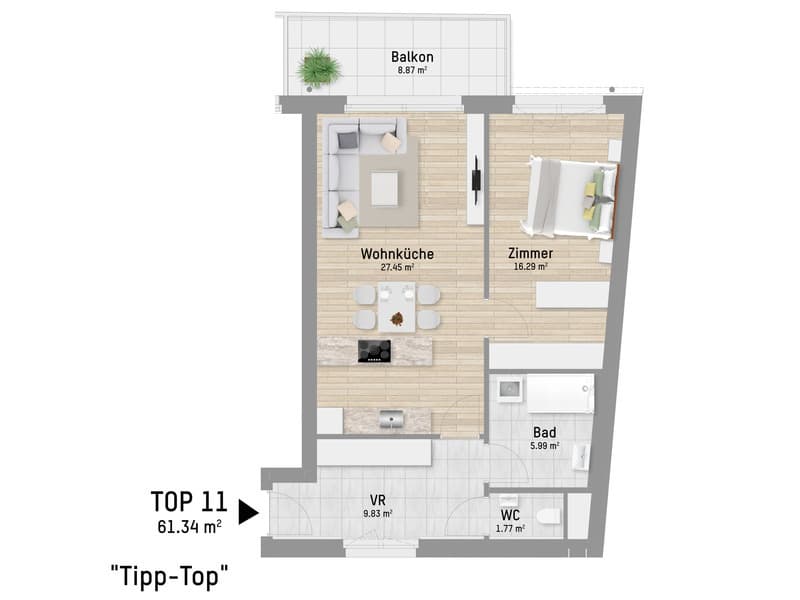 Grundriss Top 11 — Pastorstraße 19A — 2 Zimmer — 61,3 m² — 1st floor — Grundriss 1/2