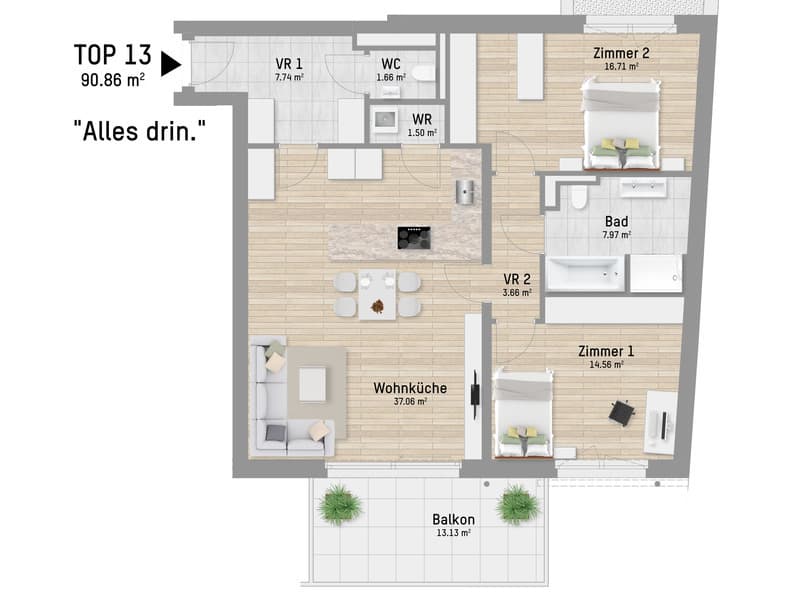 Grundriss Top 13 — Pastorstraße 19A — 3 Zimmer — 90,9 m² — 1st floor — Grundriss 1/2