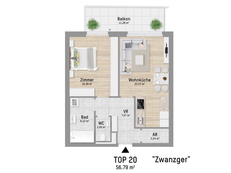 Grundriss Top 20 — Pastorstraße 19A — 2 Zimmer — 56,8 m² — 2nd floor — Grundriss 1/2