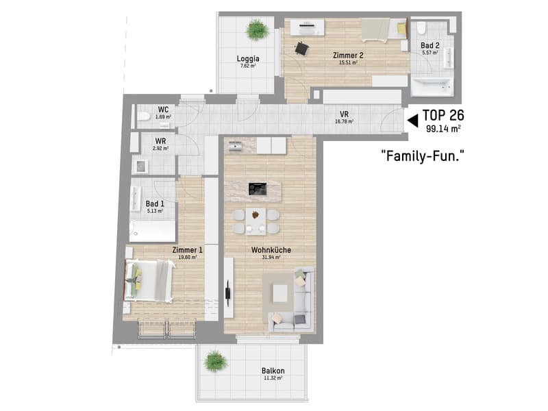 Grundriss Top 26 — Pastorstraße 19A — 3 Zimmer — 99,1 m² — 2nd floor — Grundriss 1/2