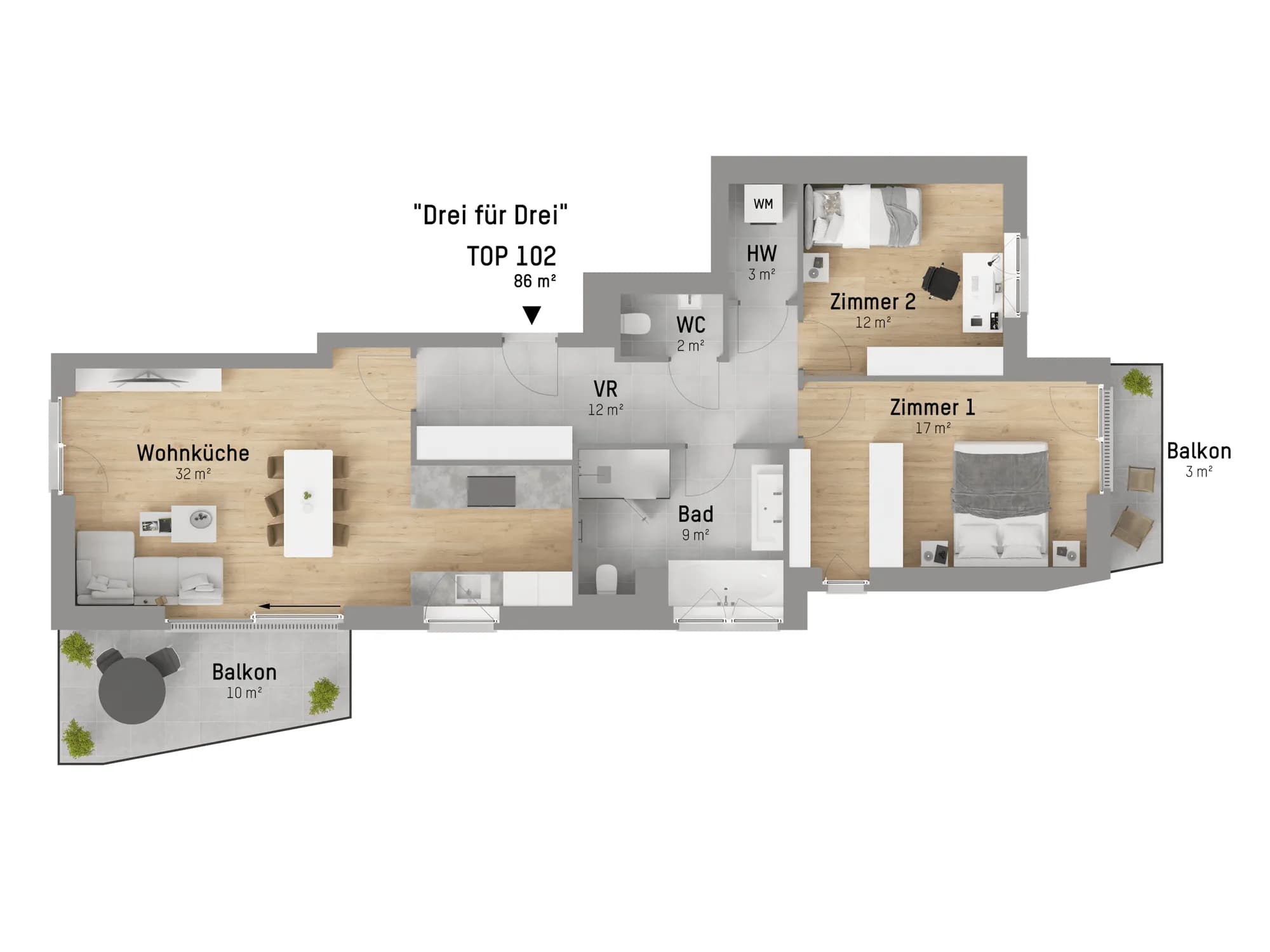 Grundriss TOP 1.02 — Paulitschkegasse 2 — 3 Zimmer — 86 m² — 1st floor — Grundriss 2/3