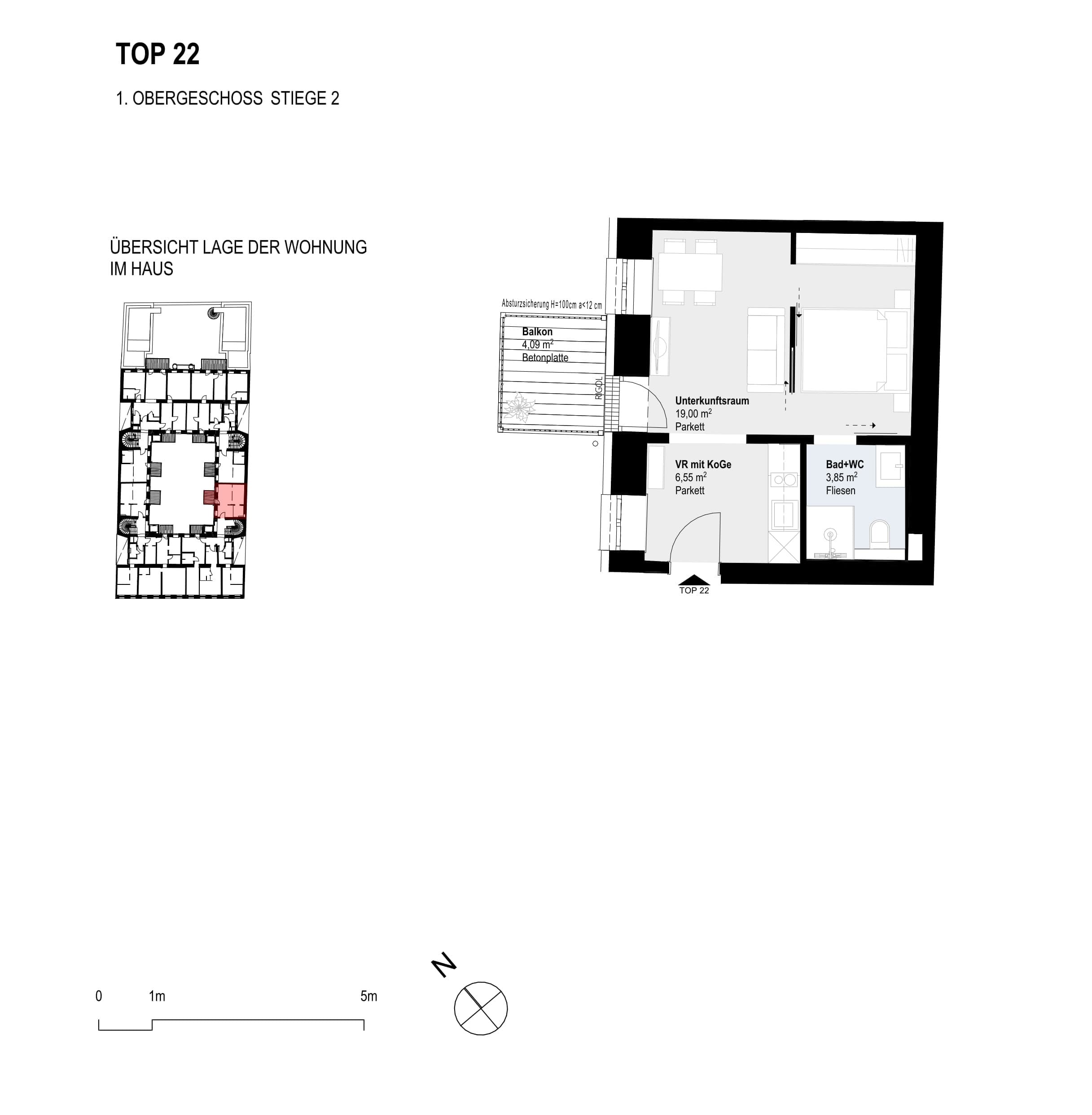 Grundriss Top 22 — Paulus 5 — 1 Zimmer — 29,4 m² — 1st floor