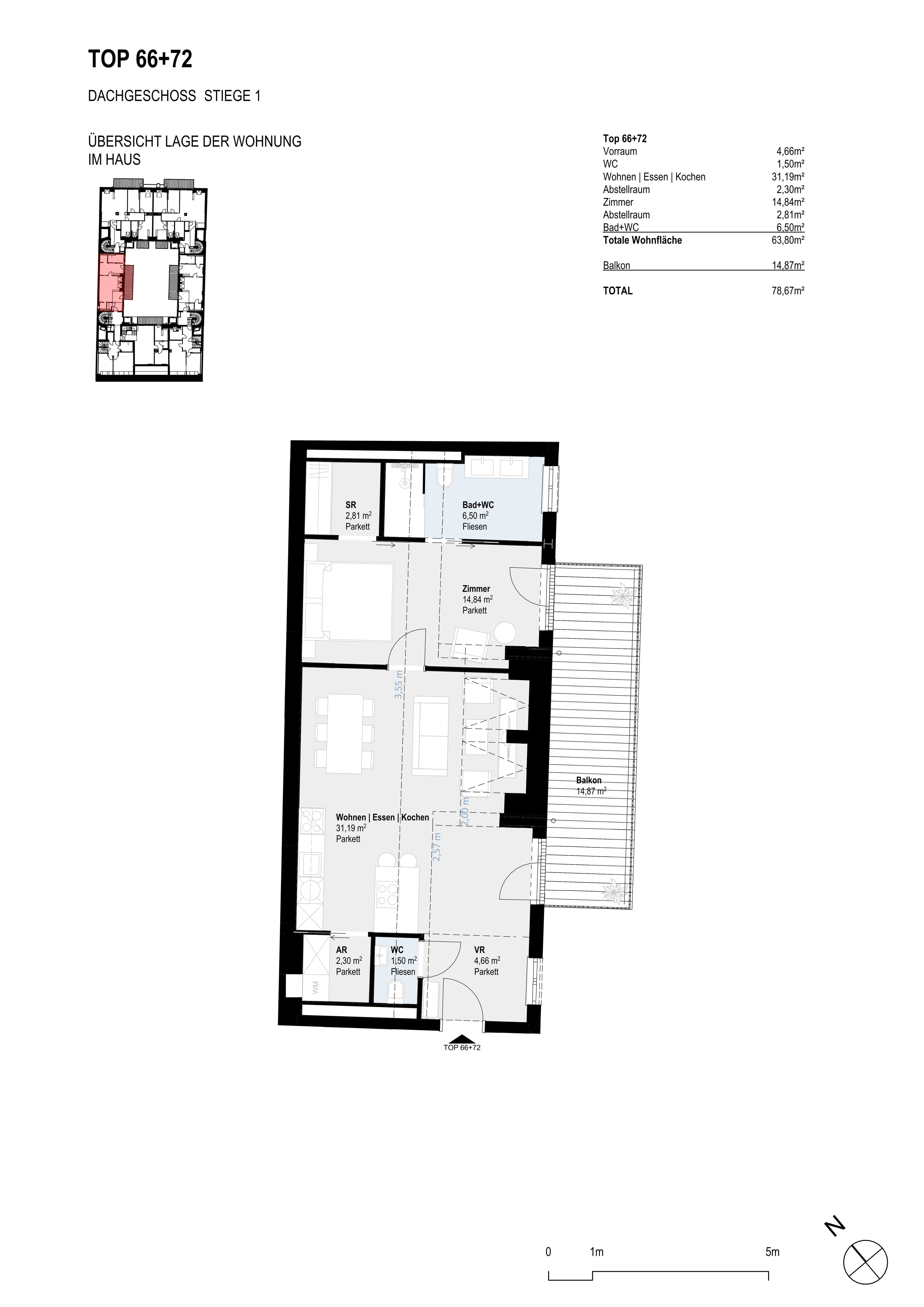 Grundriss Top 66+72 — Paulus 5 — 2 Zimmer — 63,8 m² — 1st attic floor