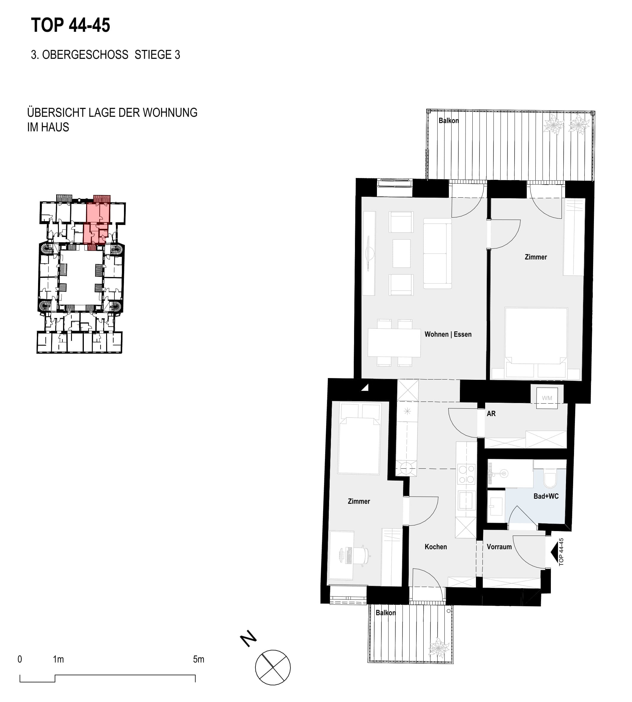 Grundriss Top 44-45 — Paulus 5 — 3 Zimmer — 65,4 m² — 3rd floor