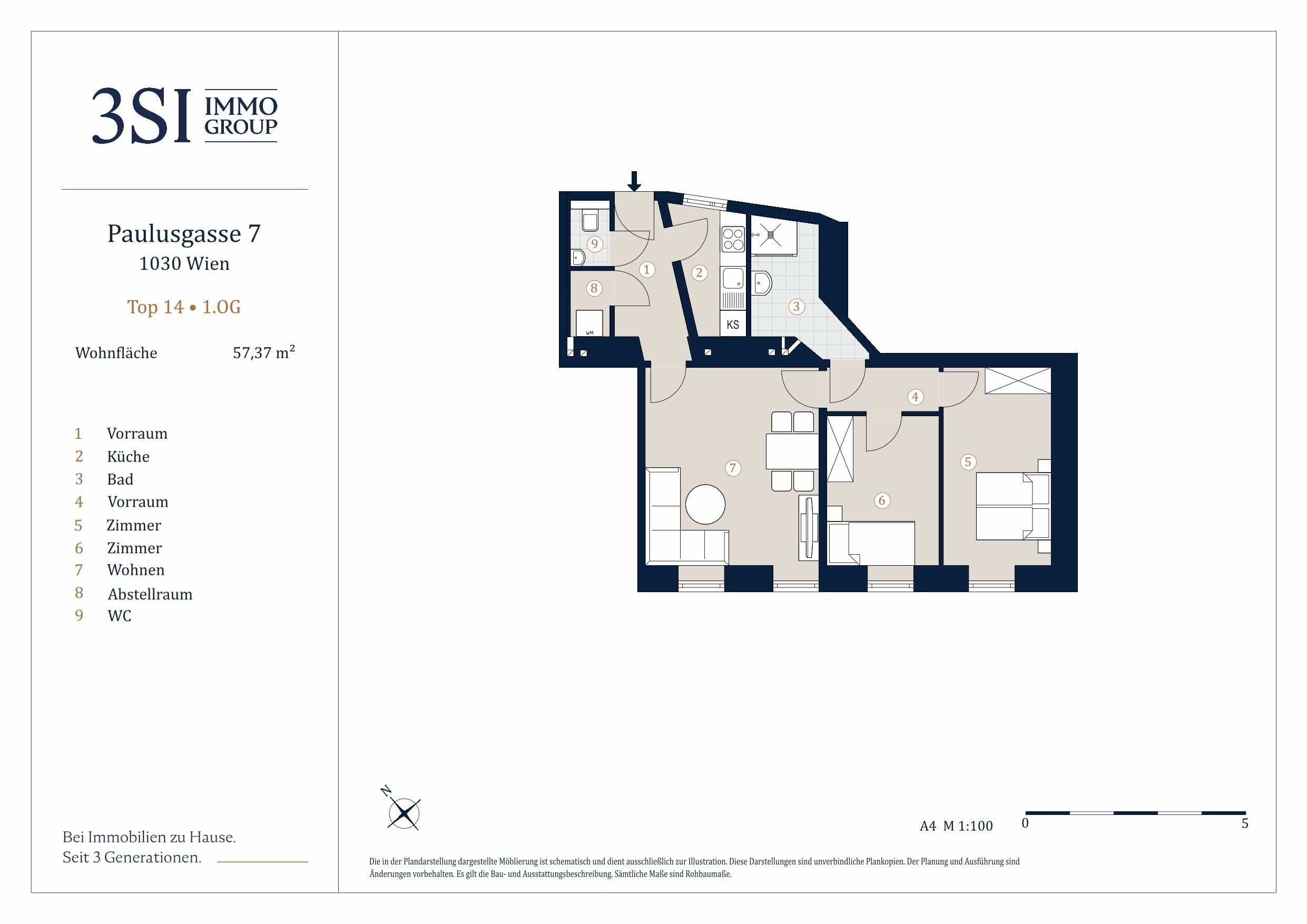 Grundriss Top 14 — Paulusplatz — 3 Zimmer — 57,4 m² — 1st floor